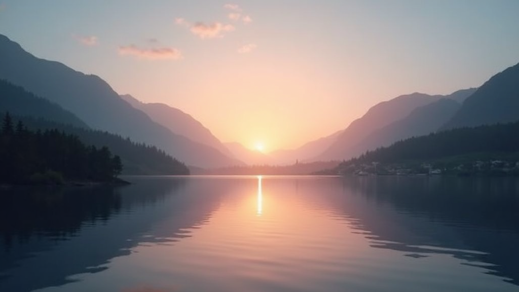 A serene landscape with a sunrise, mountains and a reflective lake