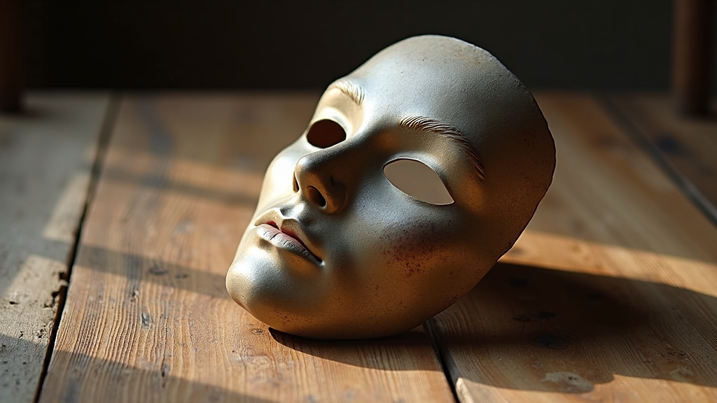 A mask resting on a serene background, symbolizing hidden identity and self-discovery