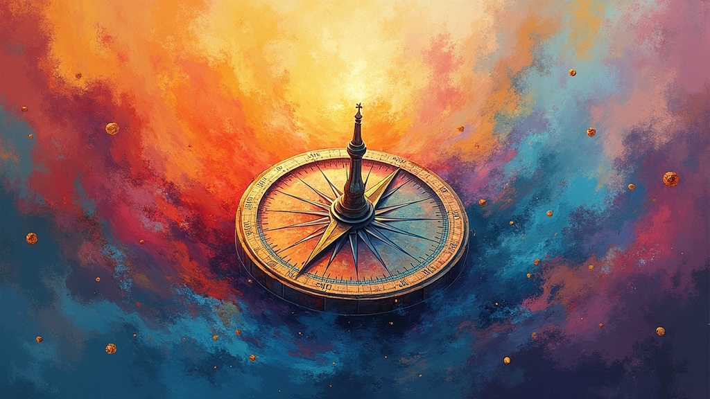 Colorful abstract illustration of a compass surrounded by swirling shapes, symbolizing personal direction and purpose